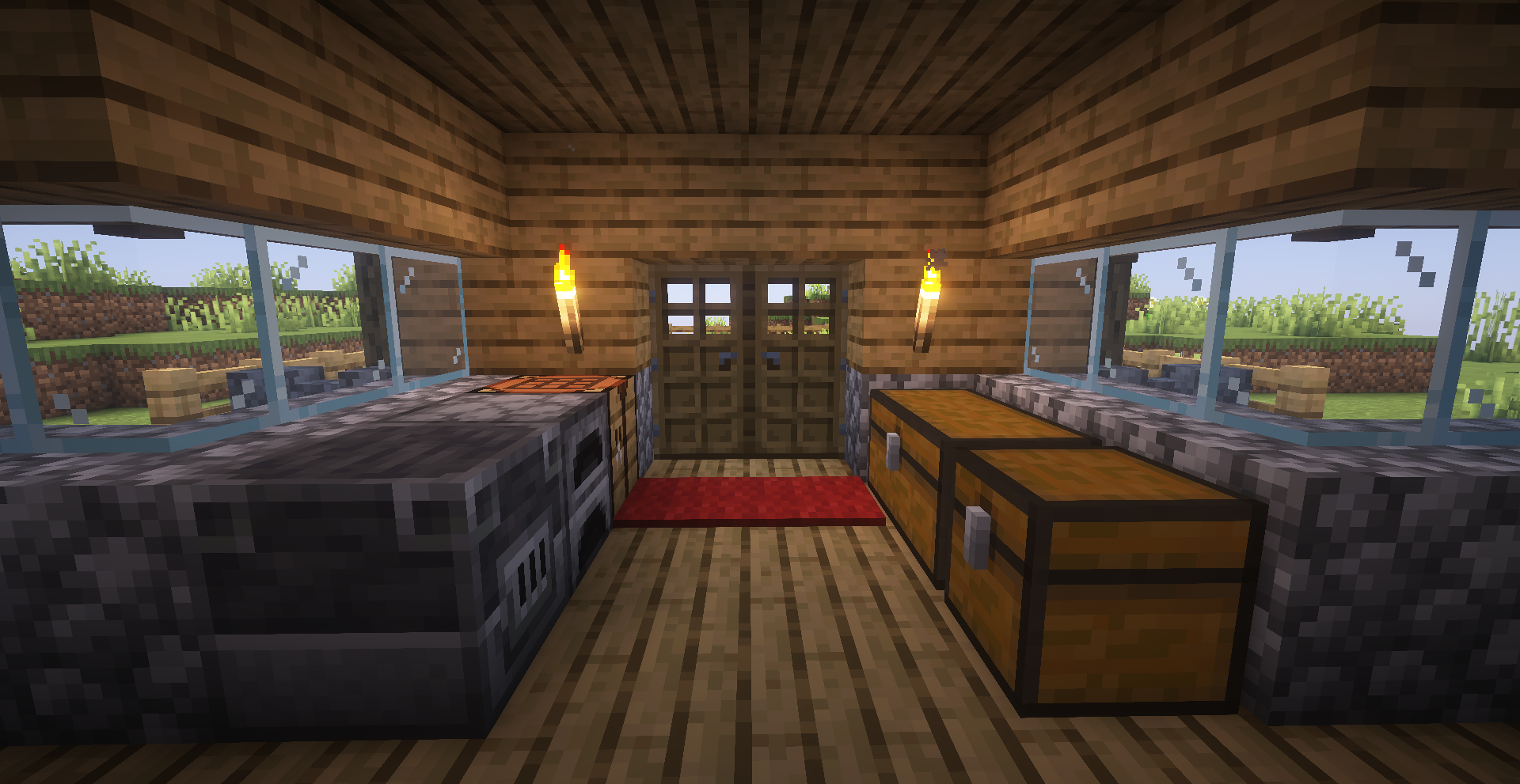 The inside of the house. There are some chests and utilities.