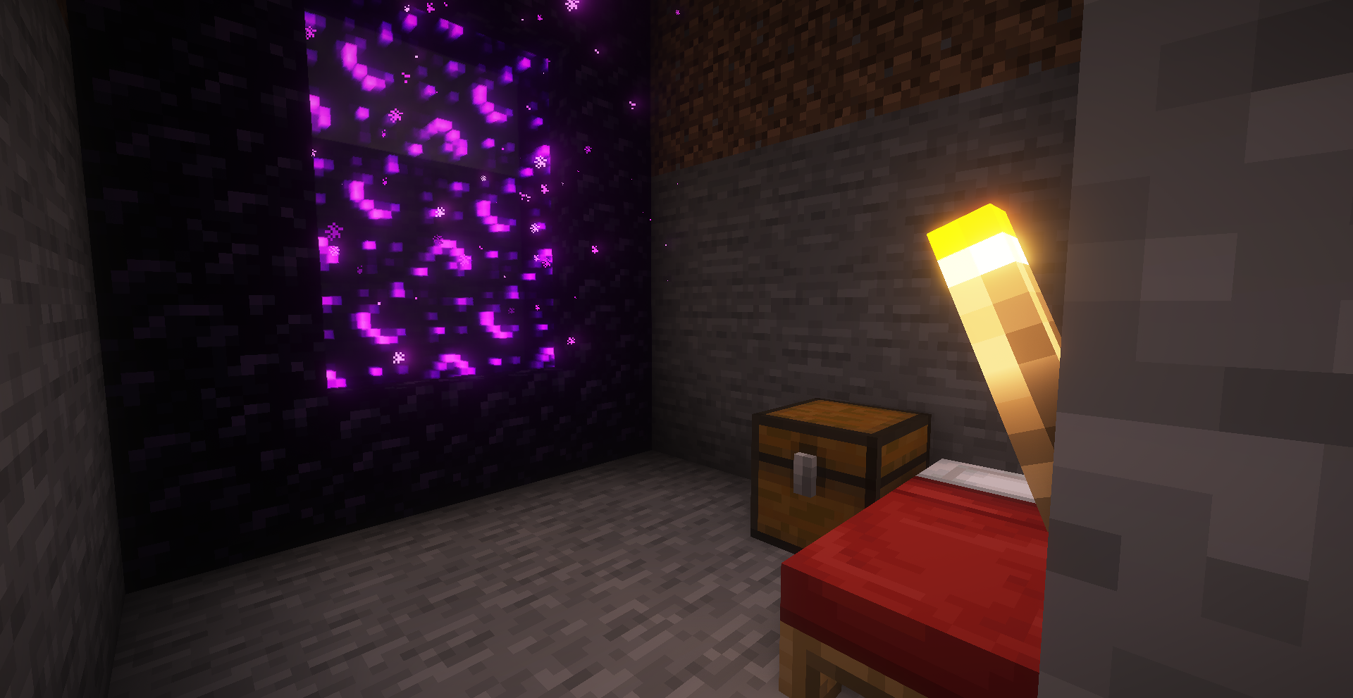 The inside of the Nether portal room. In a corner, there's
a bed and a chest.