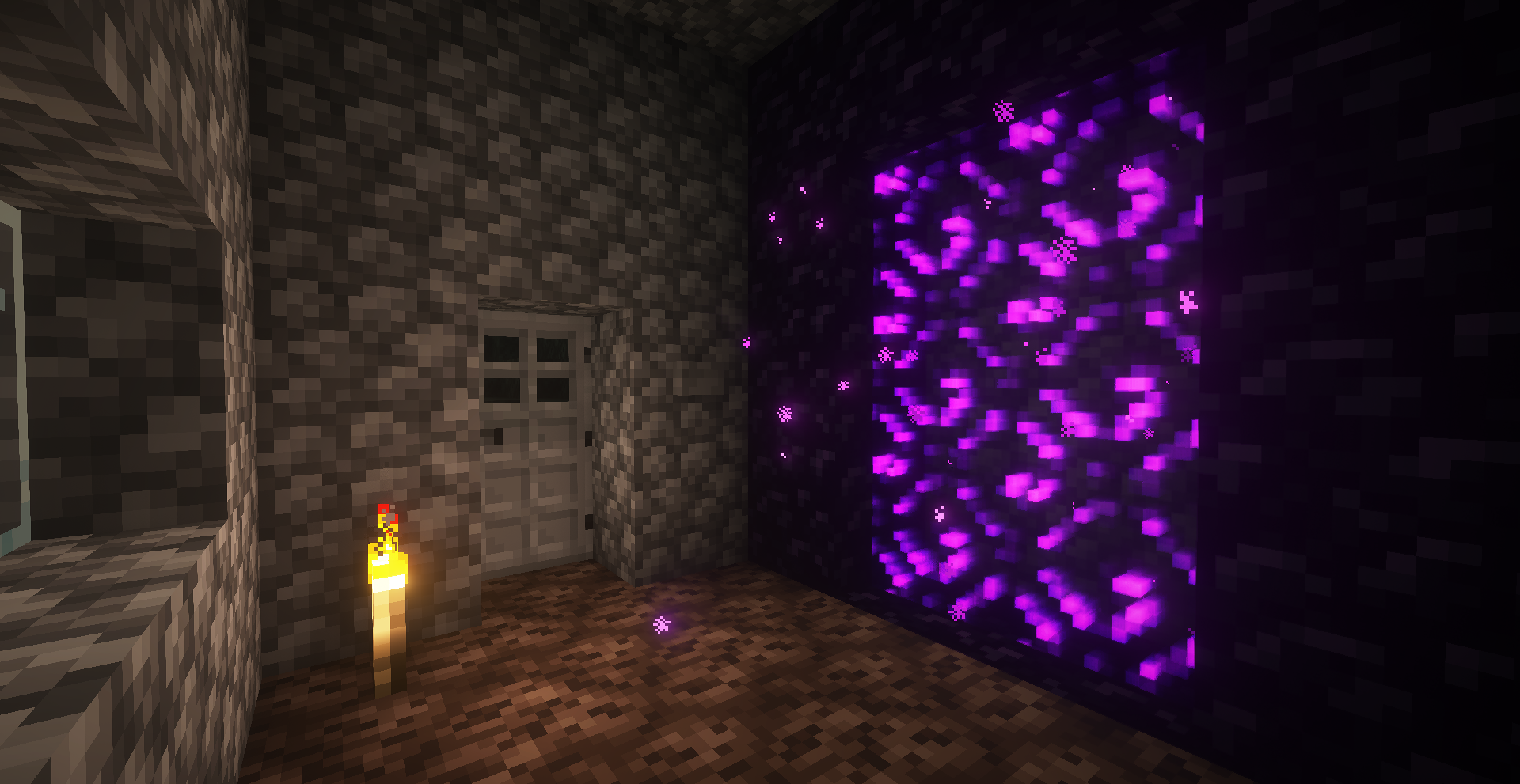 In the Nether now. A room made entirely of cobblestone.
There's an iron door leading outside.